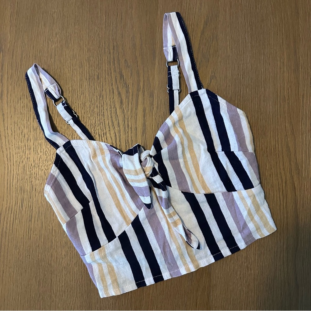 Hollister Striped Tie-Front Crop Top in Navy, Lilac, White & Tan